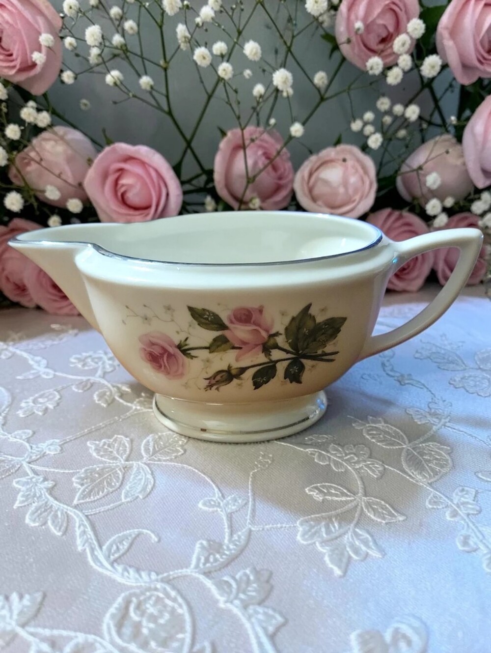 Vtg 1986 Creamer Pitcher Syrup RSO1 Royal Sovereign USA Pink Roses Baby's Breath